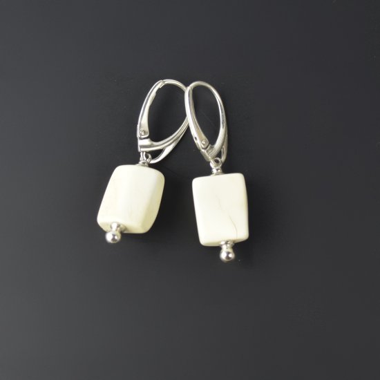 Medium long amber earrings white beads